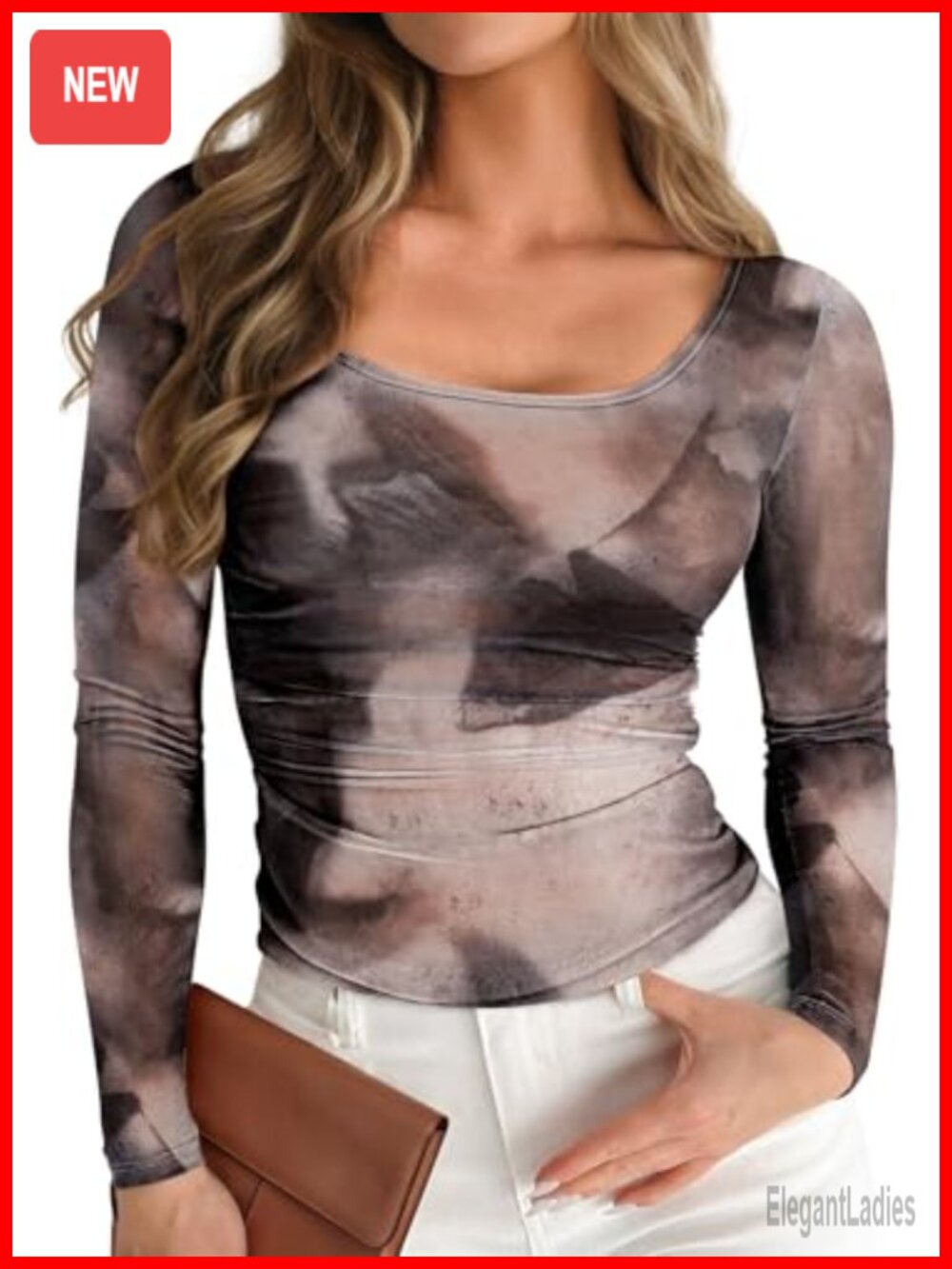 Mesh Sheer Floral Top Long Sleeve Ruched Scoop Neck Fitted Y2K Layering